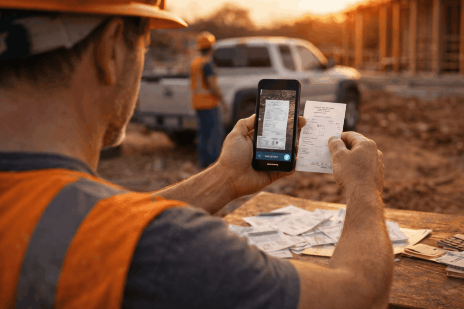 Handwerker scannt Belege mit Smartphone