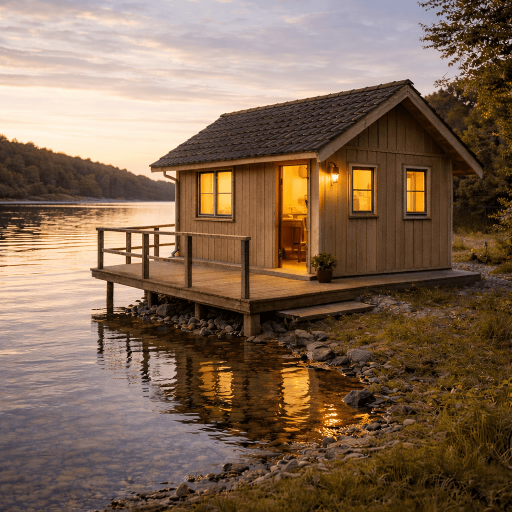 Haus am See bei Sonnenuntergang