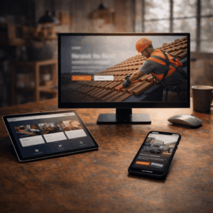 Holztisch mit Bildschirm Tablet Smartphone und Handwerkerwebsite