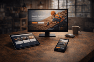 Holztisch mit Bildschirm Tablet Smartphone und Handwerkerwebsie_Querformat