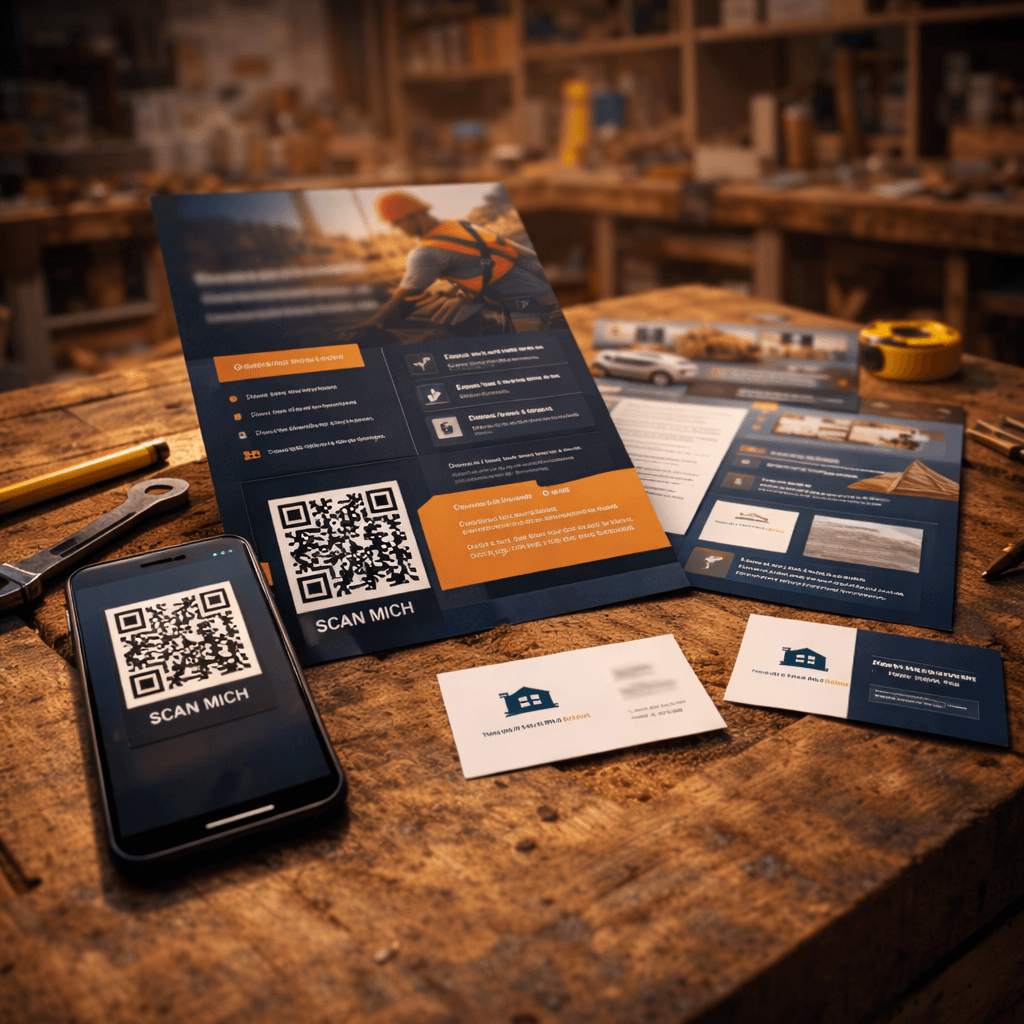 Marketingmaterial auf einem Holztisch