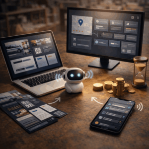 Schreibtisch mit Monitoren Geld und Miniroboter