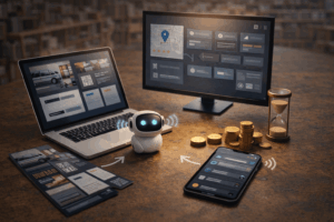 Schreibtisch mit Monitoren Geld und Miniroboter_Querformat