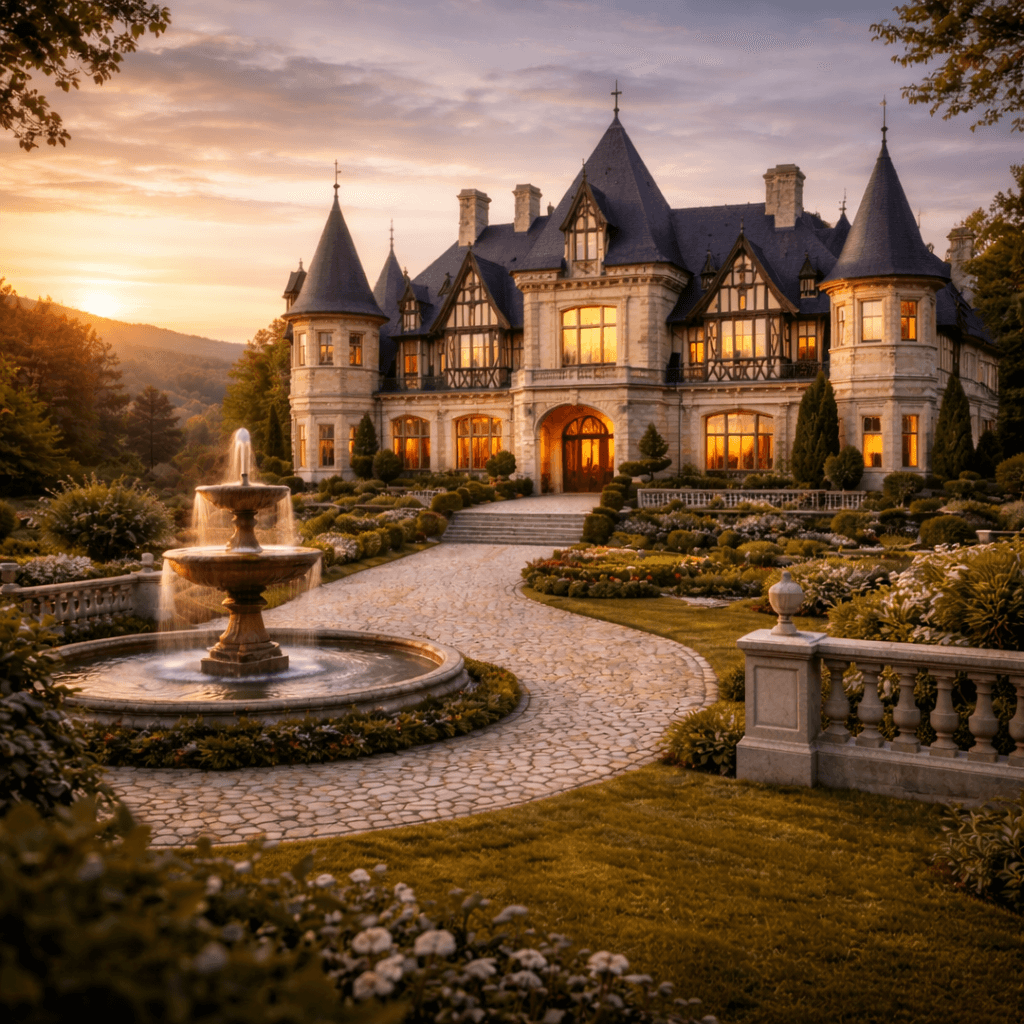 Wunderschoenes Schloss mit kleinem Brunnen bei Sonnenuntergang