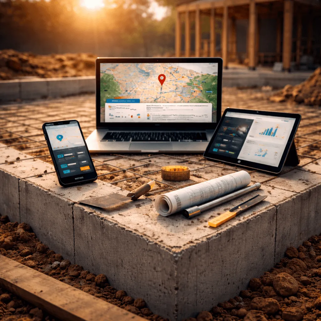 Baufundament mit Laptop und Mapspin