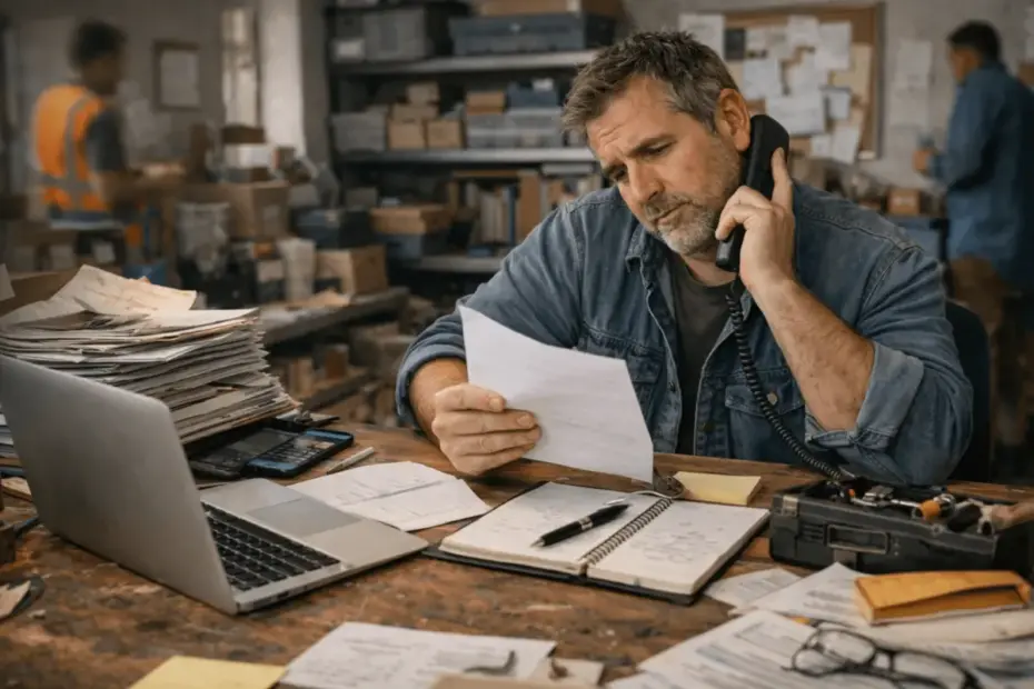 Handwerker im Büro am Telefon