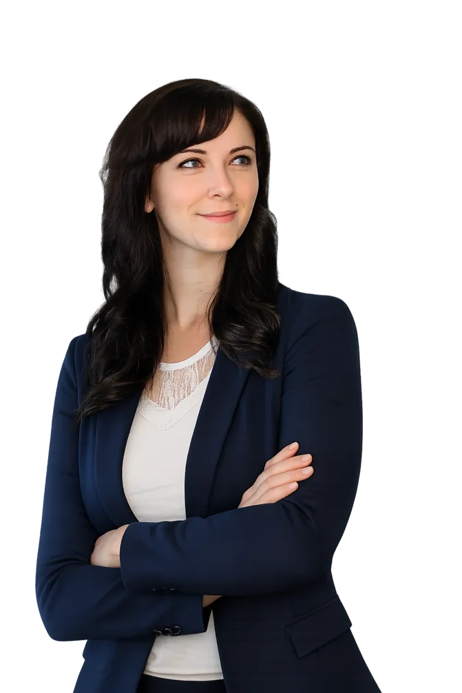 Businessfrau in blauem Blazer schaut nach rechts