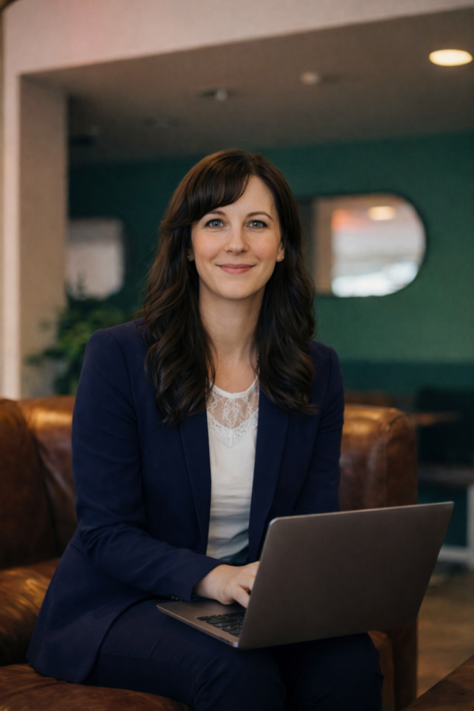 Businessfrau in blauem Blazer mit Laptop auf dem Schoss