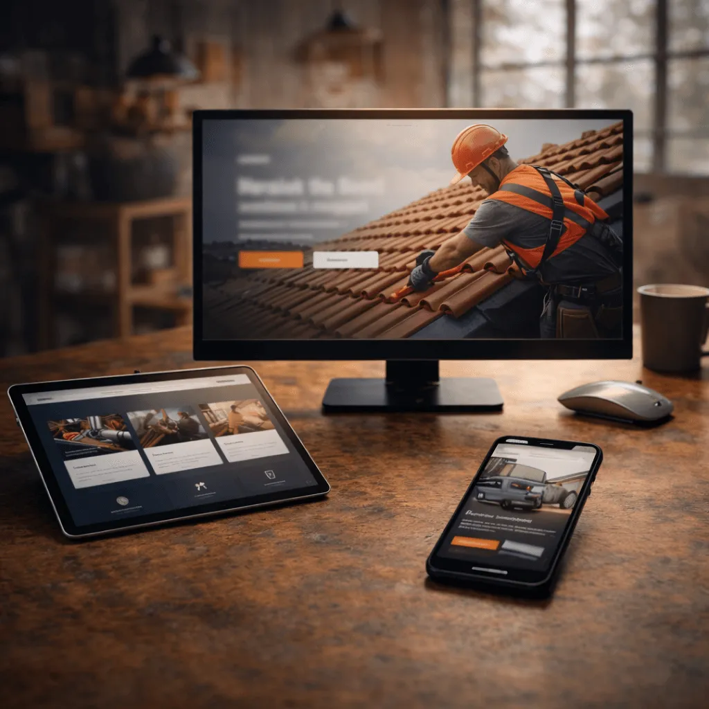 Holztisch mit Bildschirm Tablet Smartphone und Handwerkerwebseite